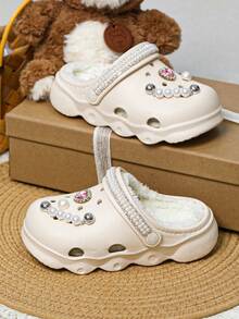 HOEASE Girls' Winter Plush Lined Garden Clogs, EVA Soft Sole Indoor Slippers, Slip-On Design, Suitable For Cold Weather, Ideal Gift For Halloween And Christmas - Beige - View 5