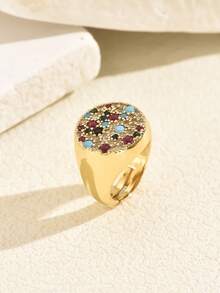 1pc European & American Dopamine Vintage Dual-Tone Solid Round Plate Mixed Color Zirconia Wide Band Ring, Women's Party Gift Daily Commute Accessory - Multicolor - View 10