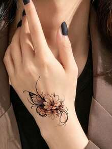 10pcs Flower Tattoo Stickers, Waterproof Women's Temporary Tattoos For Hand And Body Decoration, Butterfly, Floral Fake Tattoo For Women And Men, Small Hand Tattoo - Black - View 2
