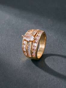 1pc Fashion Cubic Zirconia Multi-Layer Stackable Ring For Women, Rectangular And Round Micro-Inlaid Wide Band, Gold And Silver Plated Luxury Wedding Engagement Jewelry Gift - Horse Eye - View 3