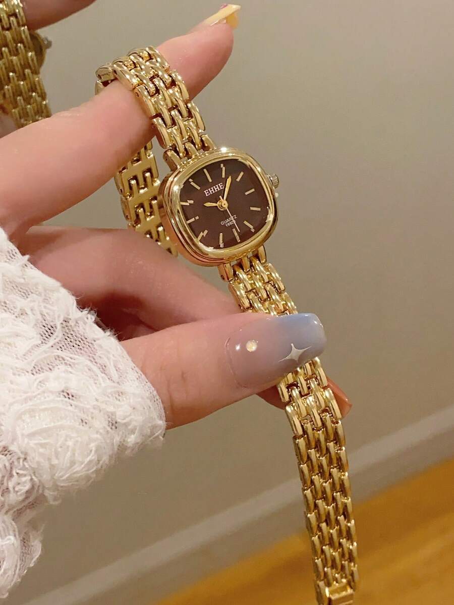 1件女款不鏽鋼錶帶手錶,經典方形,優雅石英錶,適合日常穿著、商務、派對 - 金色 - 查看 1