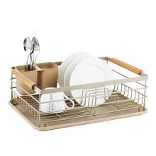 Dish Drying Rack With Drain Tray & Cutlery Holder | Metal Kitchen Dish Rack With Wooden Handles | Black / White / Grey / Beige - View 14
