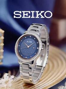 Seiko 女款時尚藍色星空錶盤石英手錶 水晶錶圈 閃耀紋理 適合音樂節、城市街頭風、社交聚會、生日禮物 - 藍色 - 查看 4