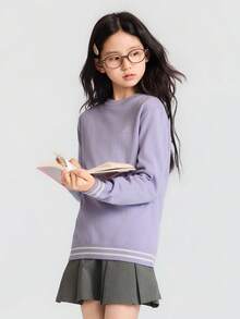 Balabala Suéter de punto suave para niña preadolescente, top básico tipo pullover cómodo para capas en otoño e invierno, para niños y niñas - tono morado blanco - Ver 2