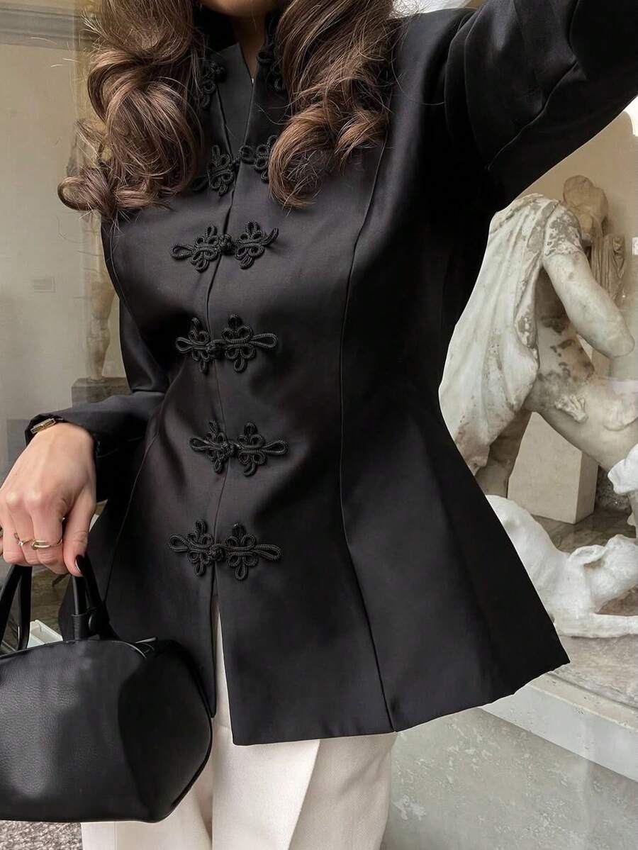 Elegant New Chinese Style Stand Collar Frog Button Long Sleeve Cinched Waist Satin Jacket (With Shoulder Pads) Solid Color For Daily Wear And Dating - Black - View 1