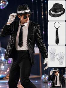 3-Piece Sequin Costume Accessory Set, Includes Sequin Fedora Hat, Tie And Gloves, Suitable For Halloween, Disco Night, Stage Performance, Cosplay, Jazz Dance, Party And Carnival - Multicolor - View 1