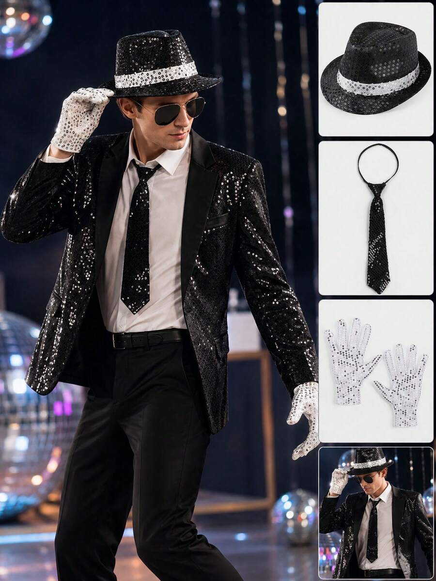 3-Piece Sequin Costume Accessory Set, Includes Sequin Fedora Hat, Tie And Gloves, Suitable For Halloween, Disco Night, Stage Performance, Cosplay, Jazz Dance, Party And Carnival - Multicolor - View 1