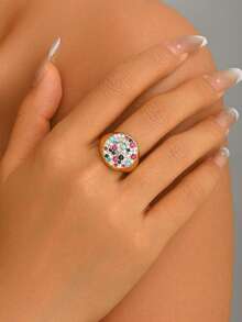 1pc European & American Dopamine Vintage Dual-Tone Solid Round Plate Mixed Color Zirconia Wide Band Ring, Women's Party Gift Daily Commute Accessory - Multicolor - View 7