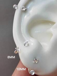 1PC/2pcs/Set Luxury Style Exquisite Versatile Stainless Steel 18G 4-Prong Zirconia C-Shaped Stud Earrings, Sparkling CZ Stainless Steel Spiral Cartilage Piercing Earrings, Suitable For Daily Wear, Can Be Used As Gifts For Various Occasions Like Valentine's Day, Birthday, Graduation Season - 1pc-silver - View 3