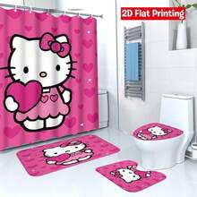 Sanrio Hello Kitty Heart Pattern Shower Curtain Set, 4 Pieces, Includes Bathroom Decor And Matching Hooks For Daily Use (2 Shower Curtains, 1 Toilet Lid Cover, 1 Shower Curtain) - 4-piece Shower Curtain Set - View 4