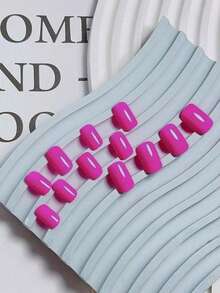 Bright Pink Nail Stickers, Eye-Catching Pink Nail Stickers Suitable For Short Nails, Short Nail Dedicated False Nails, Pink Square False Nails, Women's Solid Color Nails, 24 Pieces - Pink - View 4