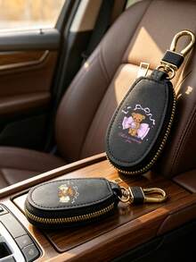 Car Key Case, Bear Print Key Holder, Pu Leather Key Pouch, Cute Bow Car Key Bag, Zipper Key Storage, Portable Car Key Case, Unisex Key Holder - Multicolor - View 10