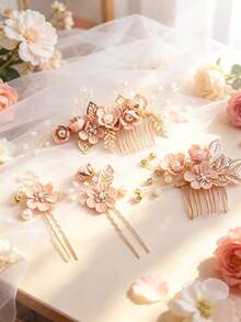 4pcs Set Simulated Ditsy Floral Metal Hair Forks Side Combs Suitable For Daily Wear - Coral Pink - View 8