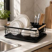 Dish Drying Rack With Drain Tray & Cutlery Holder | Metal Kitchen Dish Rack With Wooden Handles | Black / White / Grey / Beige - View 4