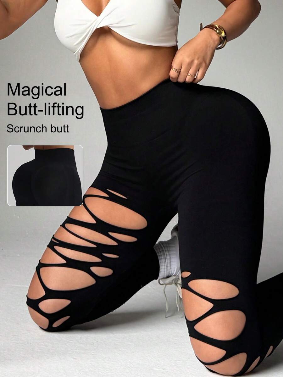 Distressed Long Pants, Tight Yoga Pants, Waist Shaping And Hip Lifting - Black - View 1