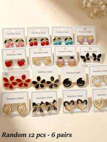 24/18/12pcs Elegant Stainless Steel Enamel Drip Earrings, Stainless Steel Material, Styles Include Fruit, Heart, Flower And Heart Designs. Elegant Daily Wear Earrings, Ideal Valentine's Day Gift. Suitable For Girlfriend, Suitable For Any Occasion (Randomly Shipped) - Oil Dripping Kit - View 7