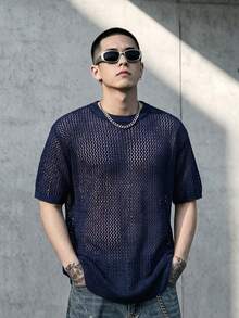 BLACKTOEXIT Men's Knitted Short Sleeve Crew Neck Fitted Loose American Street Style All-Over Hollow Mesh Solid Color Sheer Knit T-Shirt Spring Summer Knit Top - Navy Blue - View 1