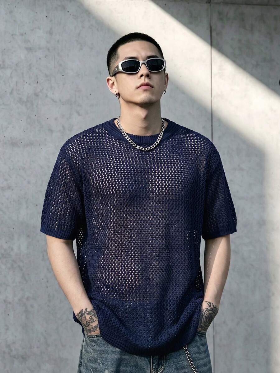 BLACKTOEXIT Men's Knitted Short Sleeve Crew Neck Fitted Loose American Street Style All-Over Hollow Mesh Solid Color Sheer Knit T-Shirt Spring Summer Knit Top - Navy Blue - View 1