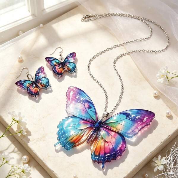 Juego de 2 piezas de joyería con mariposa púrpura, collar con colgante de mariposa monarca linda, colgante de insecto, adorno, regalo para mujeres