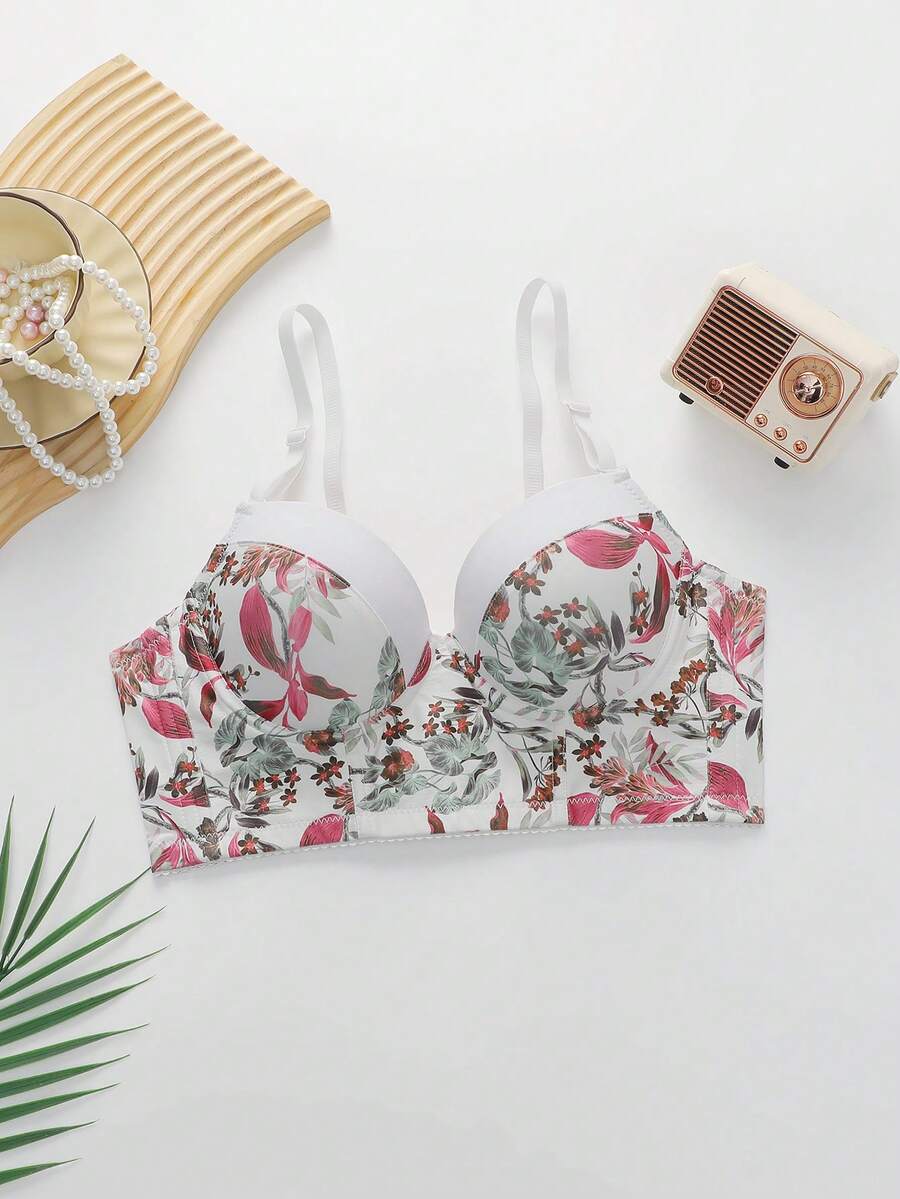 Women's Underwire Push-Up Bra, Pastoral Floral Print, Contrast Color Waistband, Comfortable Thick Padded Molded Cups - White - View 1