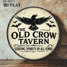 2D Flat - A Vintage French "Old Crow Tavern" Wooden Wall Halloween Decoration, Featuring Crow And Bat Designs With Gothic Lettering - Made Of Wood, Suitable For Indoor/Outdoor Use, Perfect For Home, Cafe - Multicolor - View 3