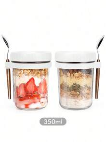 Meoky 12oz/350ml [1/2件] 隔夜燕麥罐附湯匙與蓋子，密封燕麥容器附刻度，梅森罐附蓋，便攜穀物儲存罐 - 白色 - 查看 3