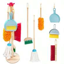 1 Set Kids Realistic Wooden Cleaning Set With Broom, Mop, Duster, Dustpan And Storage Rack, Housework Role Play Educational Toy - Multicolor - View 7