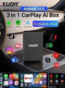 XUDA Nueva Caja Inteligente 3 en 1 Android 14 Inalámbrica CarPlay y Android Auto Núcleo Cuádruple 2GB RAM+16GB ROM/4GB RAM+32GB ROM Soporte de Aplicaciones Integradas Compatible con el 98% de los Vehículos con CarPlay Cableado Original o Android Auto Cableado - A - Ver 2
