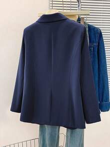 Blazer Wanita Ukuran Besar Warna Polos dengan Kerah Berlekuk, Jaket Kantor Lengan Panjang dengan Saku Kancing, Gaya Kasual Bisnis, Musim Gugur Musim Dingin Musim Semi - Navy Blue - View 5