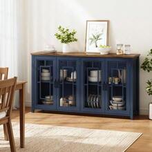 This 160cm Wide Kitchen Sideboard Features Glass Doors, A Large Storage Compartment, A Wood-Effect Worktop, And An Anti-Tip System. This Modern Sideboard Is Suitable For Kitchens, Dining Rooms, And Living Rooms. - Blue - View 2