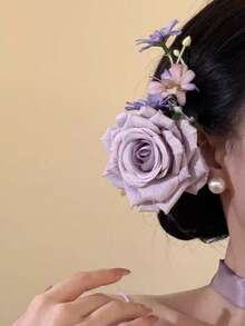 女款紫色玫瑰人造花髮夾，優雅髮飾，適合日常配戴、居家、學校、海灘、度假、工作、通勤、派對、節日、生日禮物、返校季、大學風、新年、情人節、母親節、婚禮季、新娘、音樂節，適用春夏秋冬 - 紫色 - 查看 5