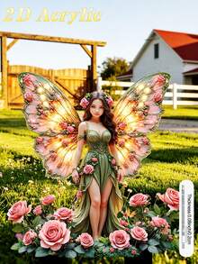1pc 2D Flat Outdoor Acrylic Stake, Designed For Soil And Potted Plants, Depicting A Fairy In Roses, Perfect For Enhancing Garden As Decorative Pot Ornament, Ideal For Outdoor Yard Decor - Fairy Wing Garden Stake - View 2