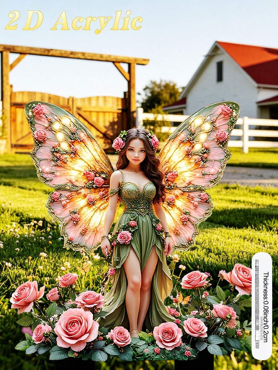 1pc 2D Flat Outdoor Acrylic Stake, Designed For Soil And Potted Plants, Depicting A Fairy In Roses, Perfect For Enhancing Garden As Decorative Pot Ornament, Ideal For Outdoor Yard Decor