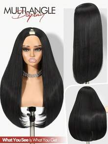 Quantum Love Half Wig Yaki Straight V Part Wig Inward Curl Ends Layered Synthetic Hair Black 24In - Black - View 5