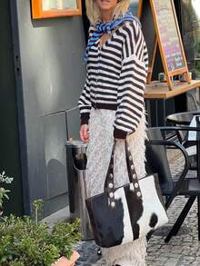 Cardigan Rajut Bergaris Wanita, Sweater Lengan Panjang Panjang Standar, Cocok untuk Musim Gugur/Musim Dingin, Atasan Gaya Vintage Leher Bulat dengan Kancing Depan - Hitam - View 4