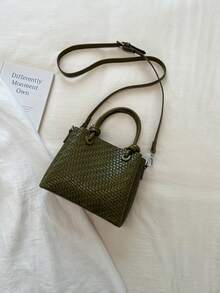 Handmade Woven Mini Tote Bag, Twist Handle Design, Vintage Maillard Style, Crossbody Niche Textured Handbag - Dark Green - View 6