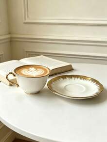 6 Sets/1 Set 90ml Gold Rim Ceramic Coffee Cup & Saucer Set, Microwave & Dishwasher , Espresso Cup, Arabic Coffee Cup, Suitable For Afternoon Tea, Coffee Shop, Kitchen, Home Decor, Ideal Gift Choice - Multicolor - View 5