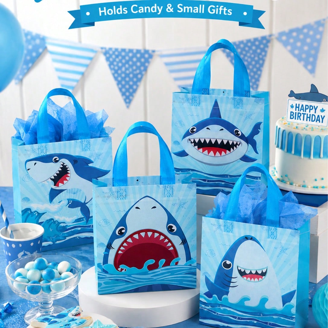 4/8pcs Mixed Shark Print Non-Woven Fabric Gift Tote Bags, Waterproof Handheld Party Favor Packaging Bags, Ocean Wave Pattern, Large Capacity Storage Tote, Summer Beach Birthday Holiday Candy Gift Packaging Supplies