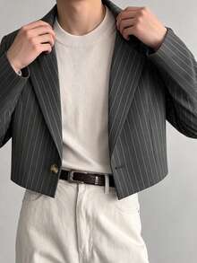 WAIT HIM Men's Casual Short Striped Blazer - Dark Grey - View 4