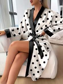 Women's Spring/Autumn Thin Polka Dot Colorblock Romantic Robe, Casual Minimalist For Home And Bedroom - Black and White - View 2