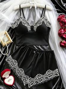 2pcs/Set Piyama Wanita Seksi, Atasan Crop dengan Tali Bahu Tipis yang Dapat Diatur, Celana Pendek dengan Hiasan Pita Renda Kontras, Set Pakaian Tidur yang Nyaman dan Menawan - Hitam - View 8