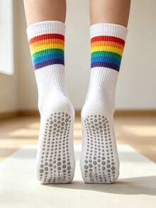 1/3 Pairs Women's Mid-Calf Yoga Socks, Professional Non-Slip Yoga Socks For Indoor Pilates, Soft Comfortable Lightweight Sports Socks With Dotted Anti-Slip Rainbow Stripes For Jump Rope - Multicolor - View 2