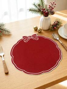 4pcs Red Christmas Linen Placemats, Red Bow Design, 38cm Diameter Round Table Mats, Holiday Party Table Decor, Holiday Tabletop Accessories, Home Kitchen Decoration, Merry Christmas Decoration - Christmas a - View 3