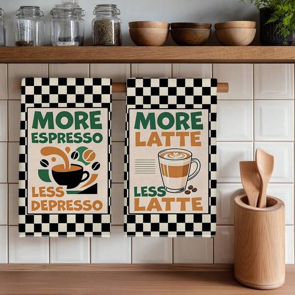 2PCS Kitchen Towels Vintage Coffee Poster & Checkerboard Pattern Printed 40*60cm Retro Style Rectangular Microfiber Kitchen Towels, Dish Cloths, Tablecloths, Hand Towels, Kitchen Decor, Housewarming Gift For Neighbors, Perfect For Kitchen And Bathroom Use, Suitable For Housewives And Family Gatherings, High Cost-Performance, Essential Home Product