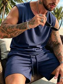 Setelan Tank Top dan Celana Pendek Kasual Leher Bulat untuk Pria di Musim Panas - Navy Blue - View 2