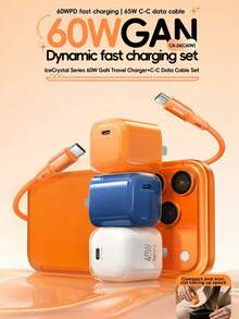 REMAX Gallium Nitride (GaN) Charger And Data Cable Set, Type-C Charging Plug And Cable, Compact Size, High Power, Easy To Carry, PD 60W Dynamic Low Temperature Fast Charging. - Multicolor - View 1