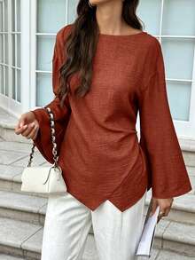 Women's Blue Woven Fabric Boat Neck Long Sleeve Shirt, With Asymmetric Hem And Drop Shoulder Design, Basic Fashion Blouse - Red - View 3