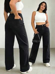 Celana Jeans Denim Hitam Kasual Serbaguna Ukuran Plus untuk Musim Gugur - Hitam - View 1