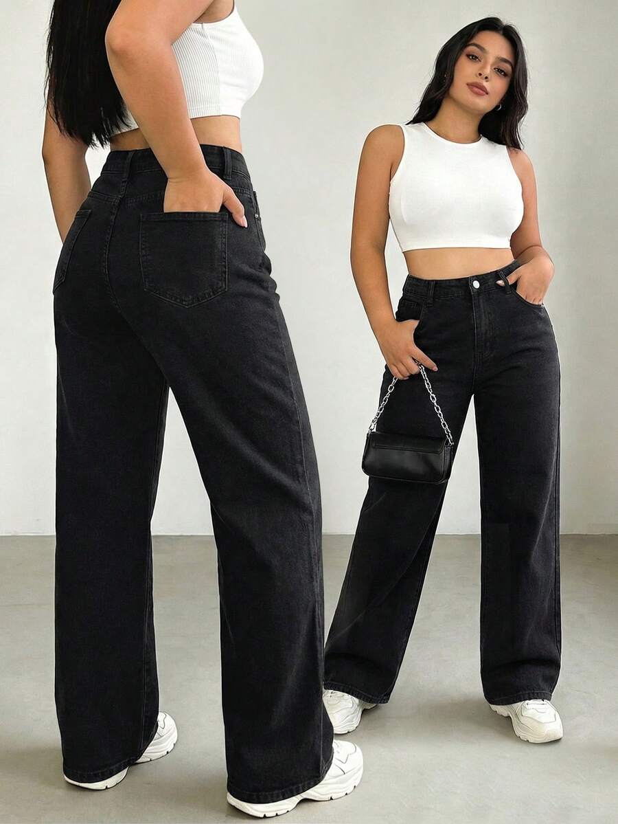 Celana Jeans Denim Hitam Kasual Serbaguna Ukuran Plus untuk Musim Gugur - Hitam - View 1