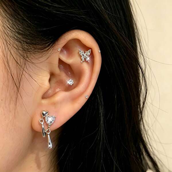 6PCS Compact Personalized Versatile Multi-Piece Set Heart Pendant Butterfly Faux Diamond Earrings